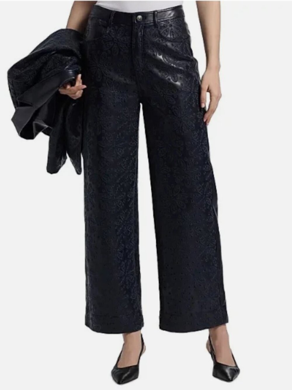 Cinq A Sept Betsy Embroidered Faux Leather Wide Leg Pants Size 0- MSRP$345